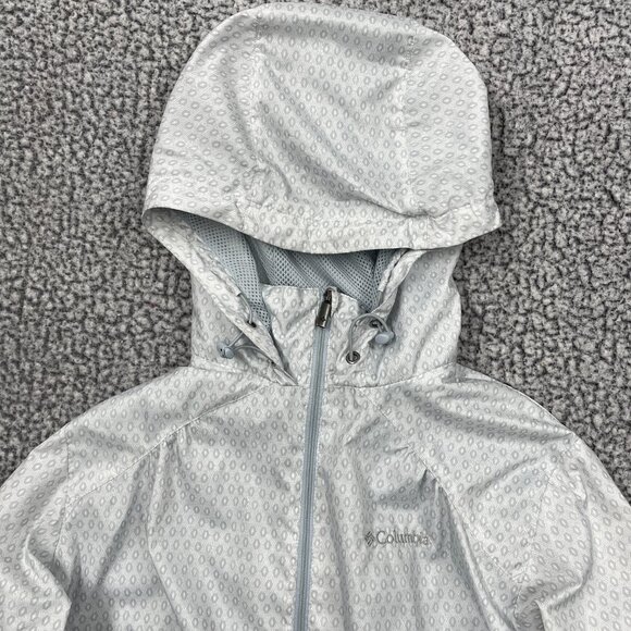 Columbia Hooded Cinched Waist Silver Gray Print Windbreaker Jacket Women's M - Picture 5 of 12